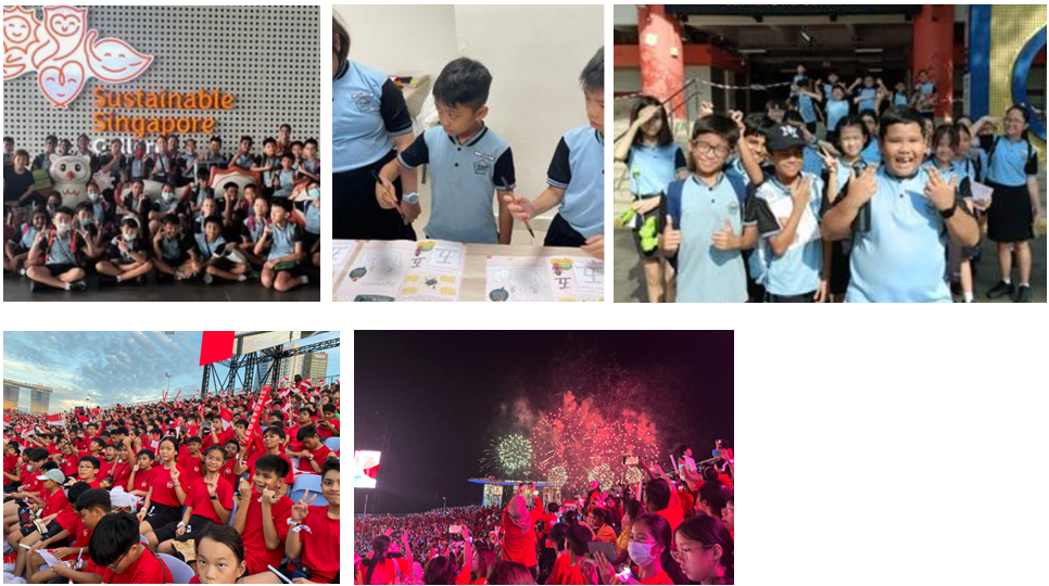 Students in blue uniforms at Sustainable Singapore Gallery, doing activities, and crowds in red at a fireworks celebration.