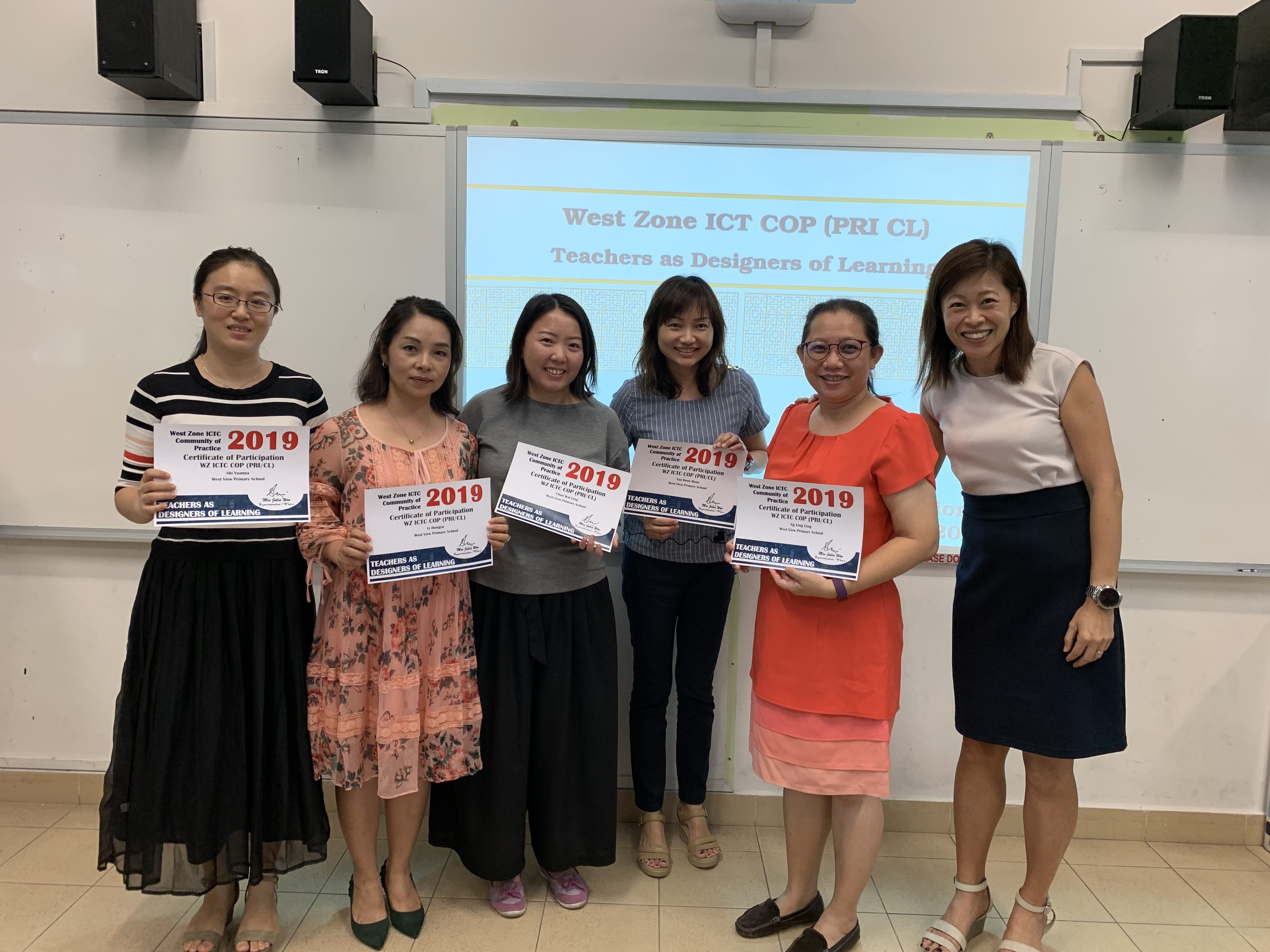 Six women stand together holding 2019 West Zone ICT COP certificates in front of a presentation screen.