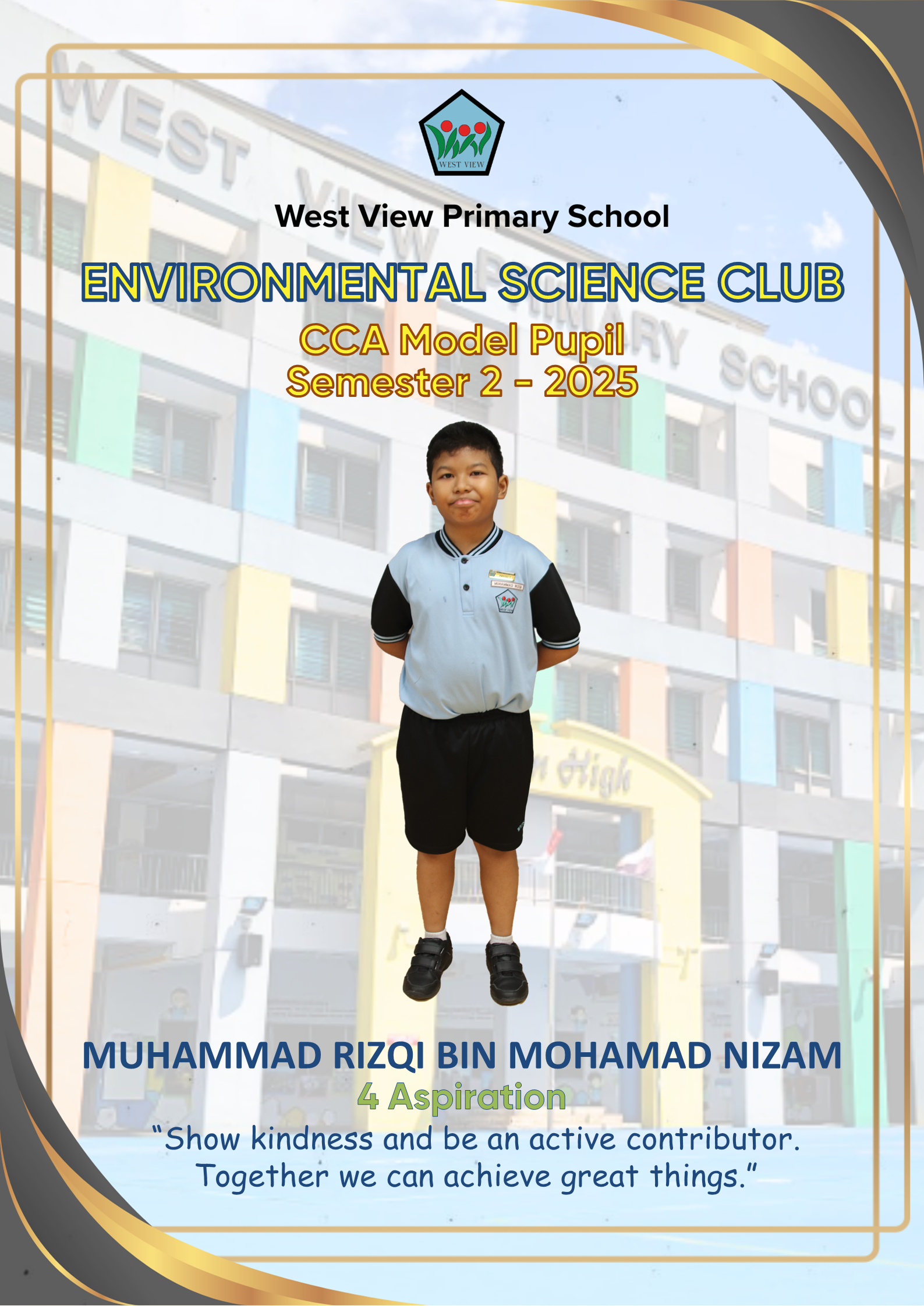 A young boy in a light blue and black uniform stands on an award card for West View Primary School Environmental Science Club.