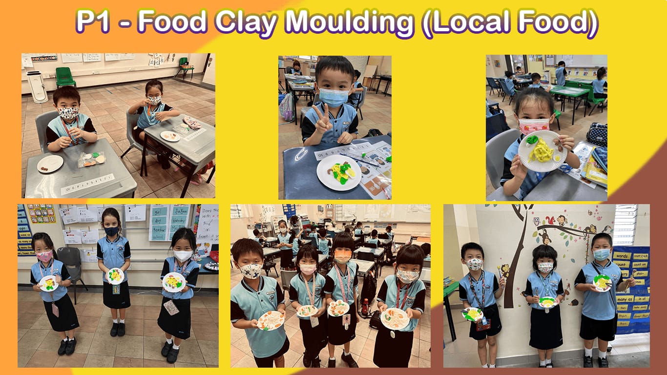 Primary 1 students in school uniforms and masks display clay models of local food on paper plates in a classroom.