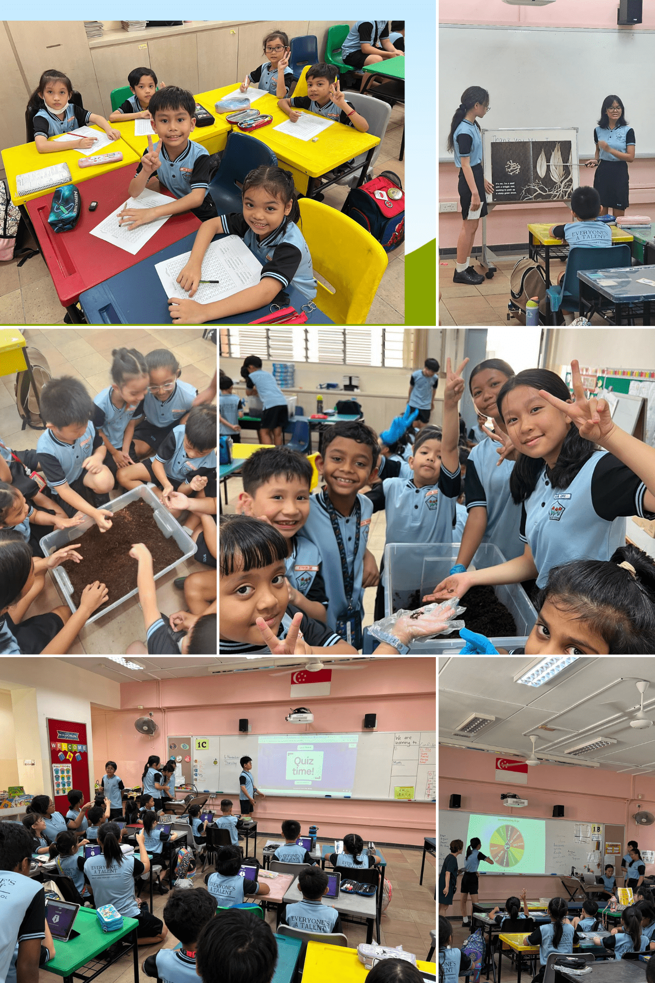 Collage of young students in blue uniforms doing classroom activities including writing, soil experiments, and a quiz.