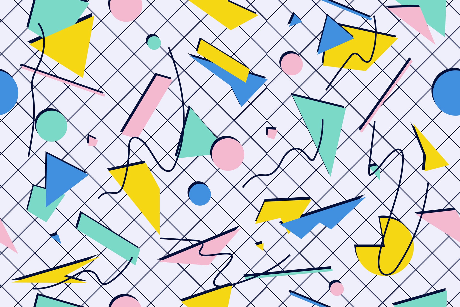 Retro 80s pattern with colorful triangles, circles, and wavy lines in yellow, pink, blue, and teal on a white grid.