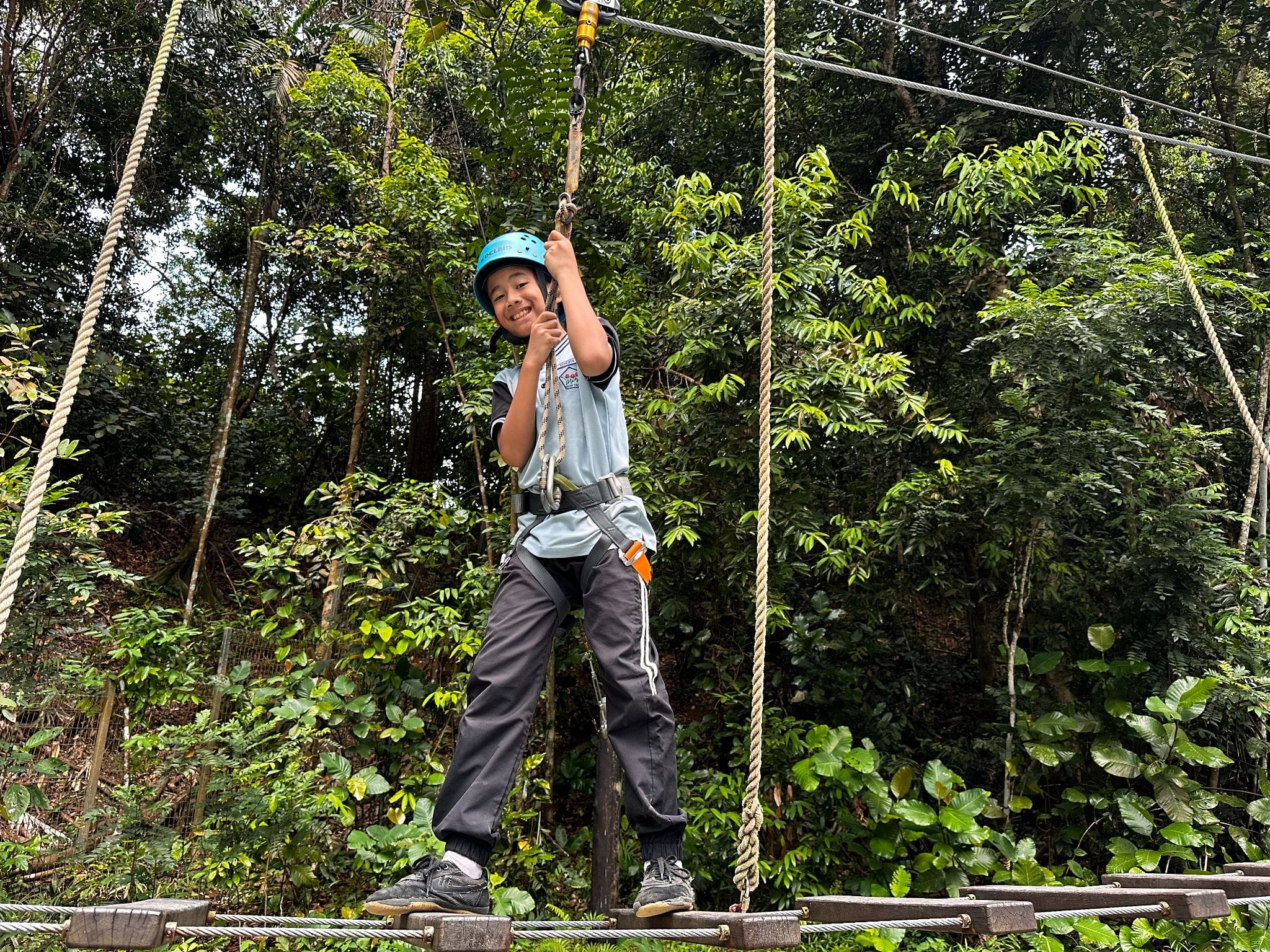 A smiling child wearing a blue helmet and harness stands on a rope bridge course surrounded by dense green trees.