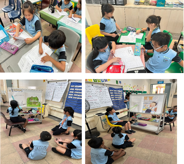 Four classroom scenes showing young students in blue uniforms working at desks and sitting on the floor during lessons.