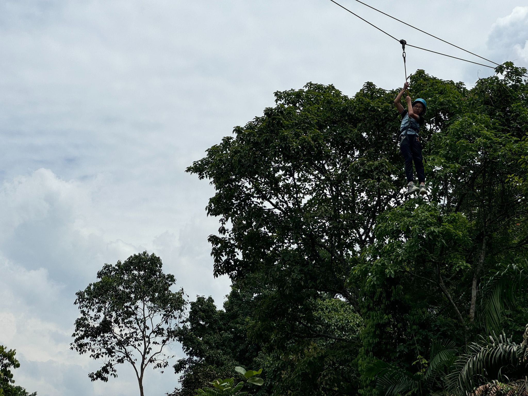 Person wearing a helmet rides a zipline high above dense green trees under a cloudy sky.