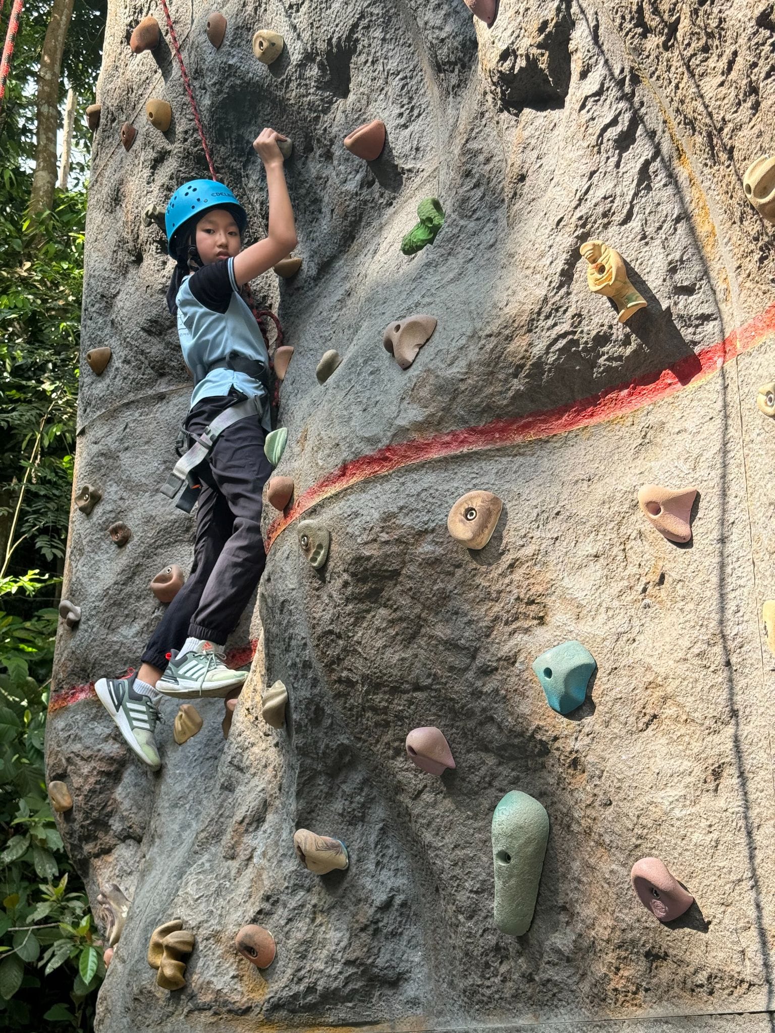 A child wearing a blue helmet and harness climbs an outdoor rock wall with colorful holds.