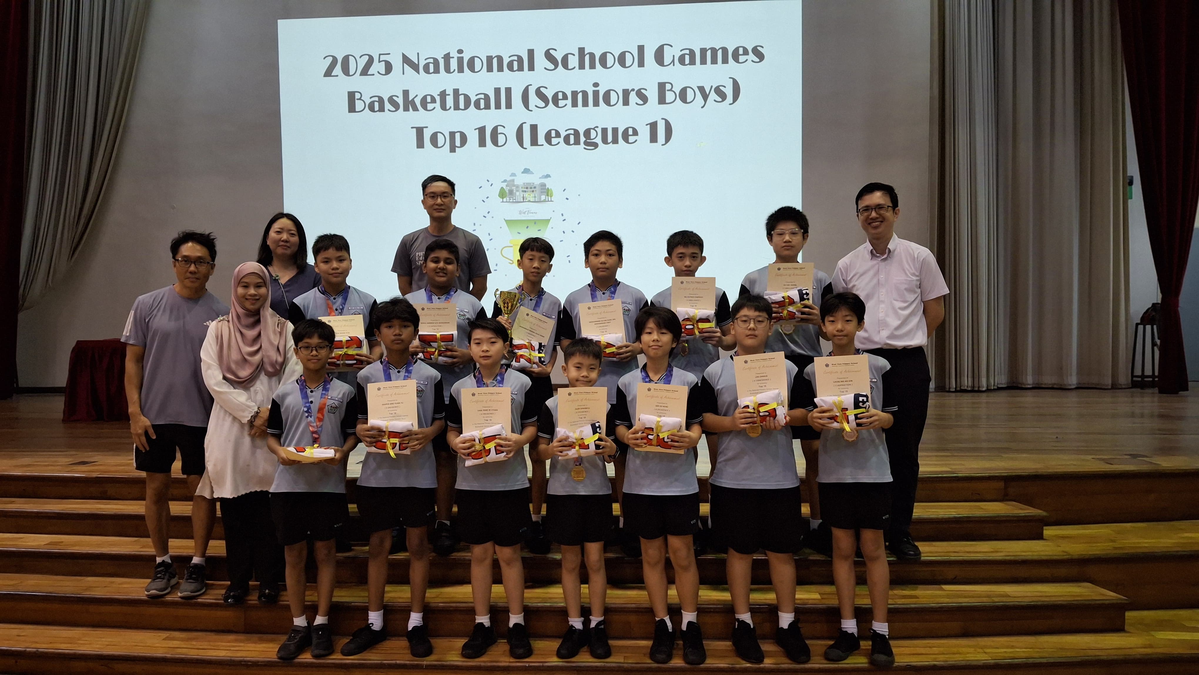Group of boys with medals and certificates pose on stage at 2025 National School Games Basketball Seniors Boys Top 16 event.