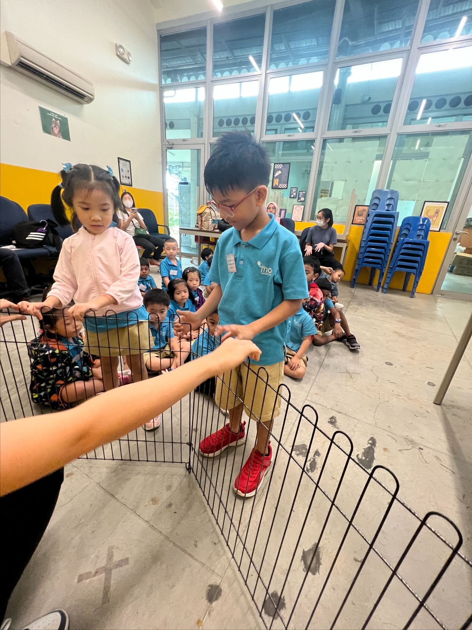 Young children in blue uniforms gather around a small wire pen inside a room, with one boy standing inside it.