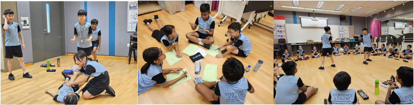 Three panels show school children in blue uniforms doing group activities on a wooden floor indoors.
