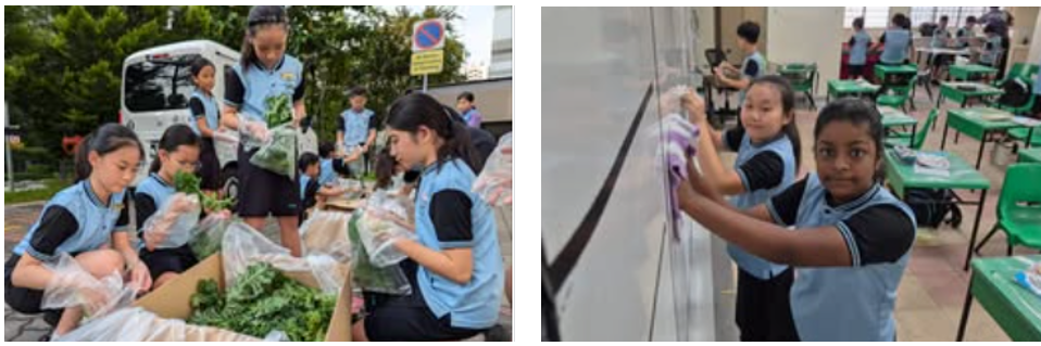 Students in blue uniforms pack vegetables into bags outdoors, while two girls wipe a wall inside a classroom.