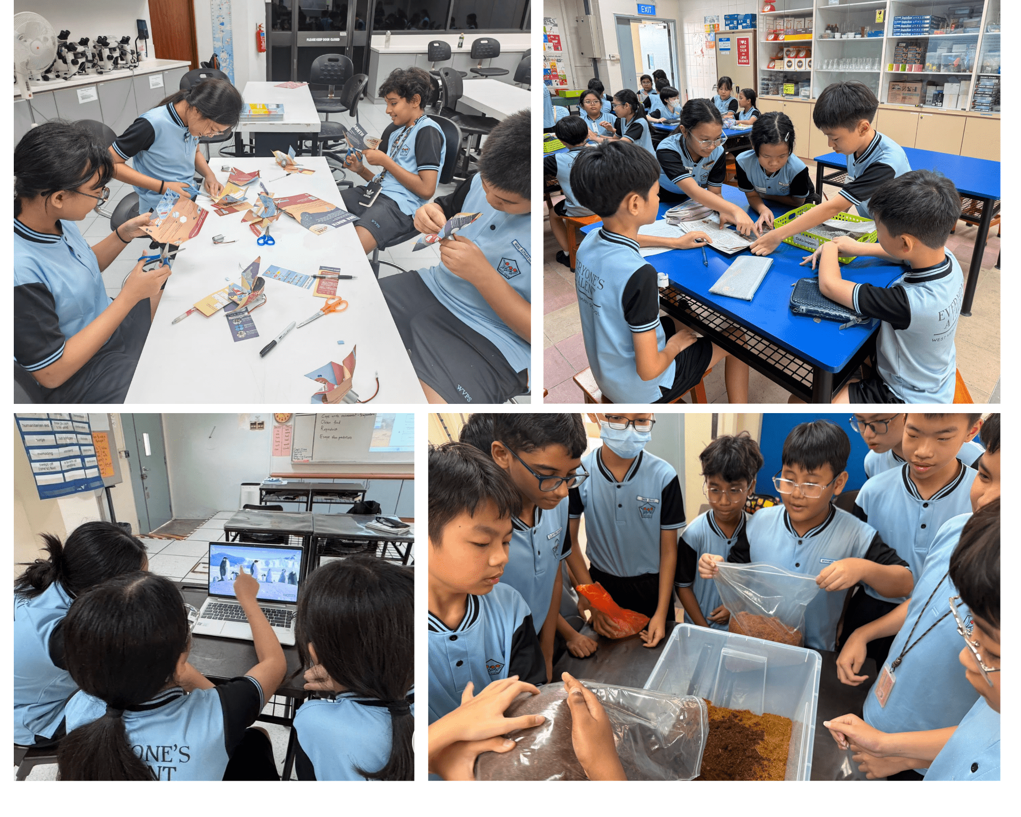 Students in blue uniforms doing classroom activities: crafting, group work, watching a laptop, and examining materials in a container.