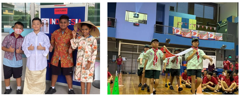 Four children in Indonesian costumes pose left; right shows scouts carrying a flag in a school hall.