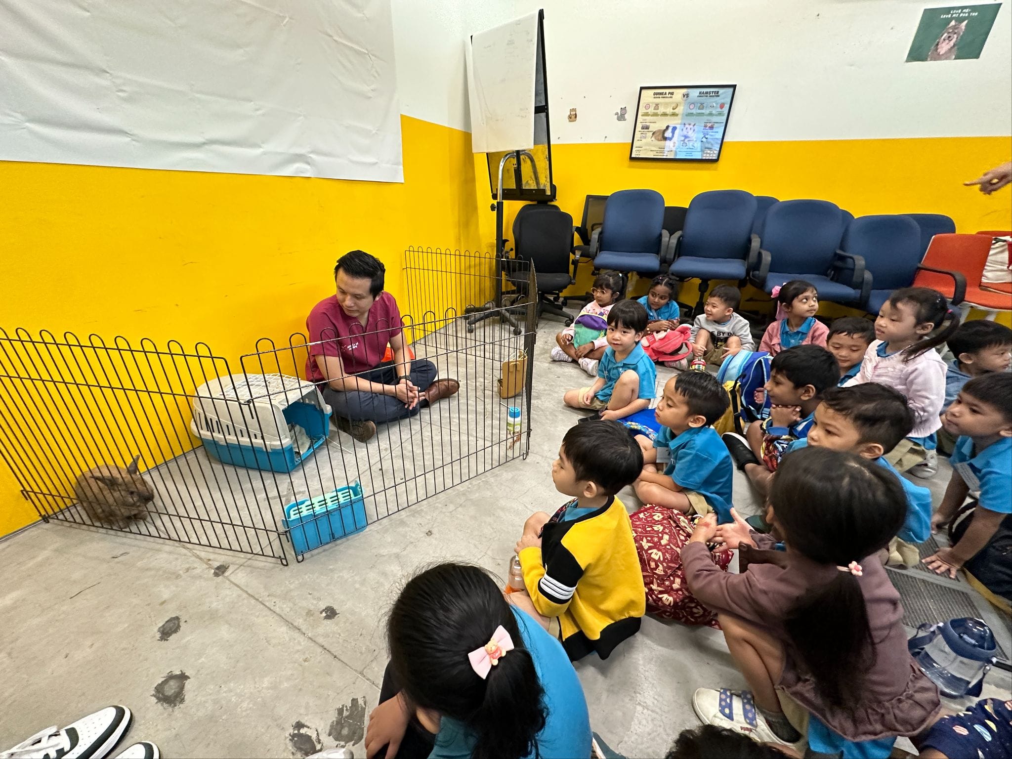 An adult sits inside a small wire pen with a rabbit while young children sit on the floor watching nearby.