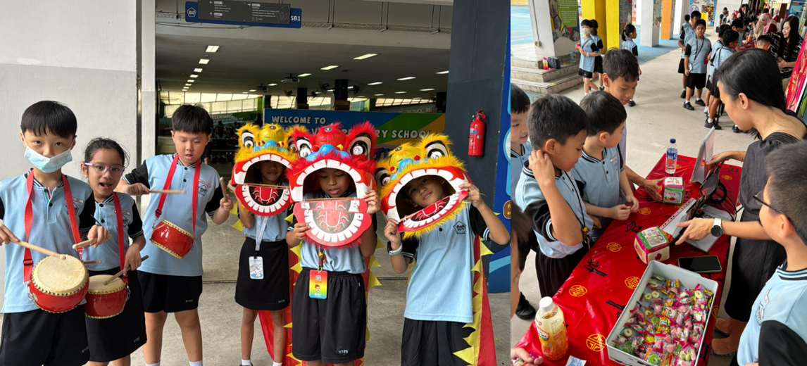 Young students in blue uniforms hold lion dance masks and drums, while others gather around a red table with candies.