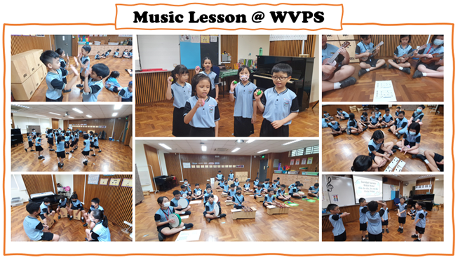 Collage of young students in blue uniforms participating in a music lesson at WVPS, playing instruments and dancing.