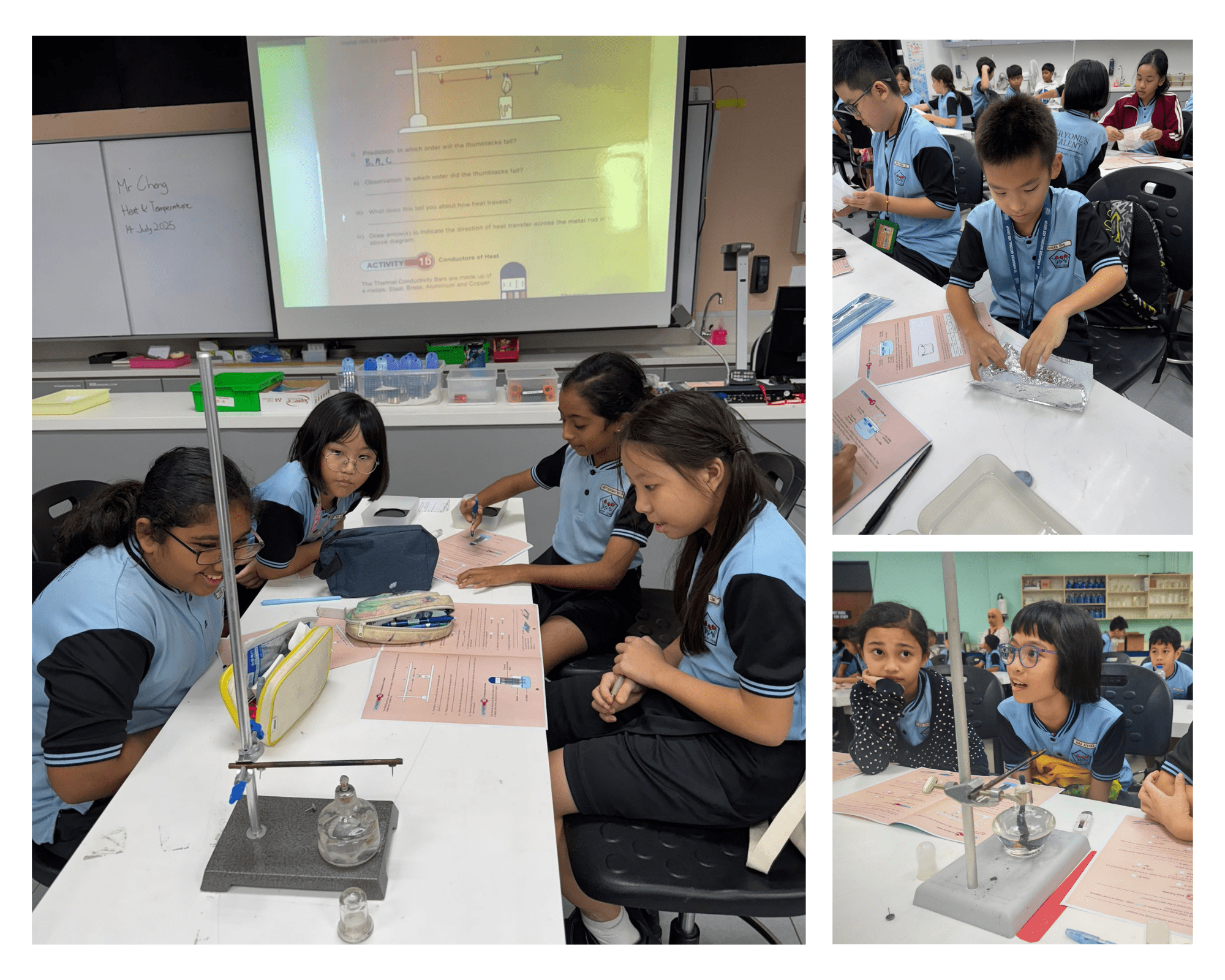 Students in blue uniforms conduct heat science experiments in a classroom lab with worksheets and equipment.