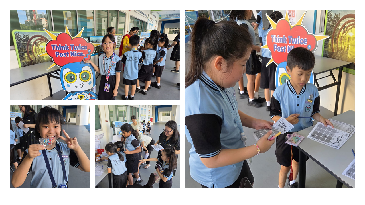Students in blue uniforms at a school event with a Think Twice Post Nice sign and a robot mascot cutout.