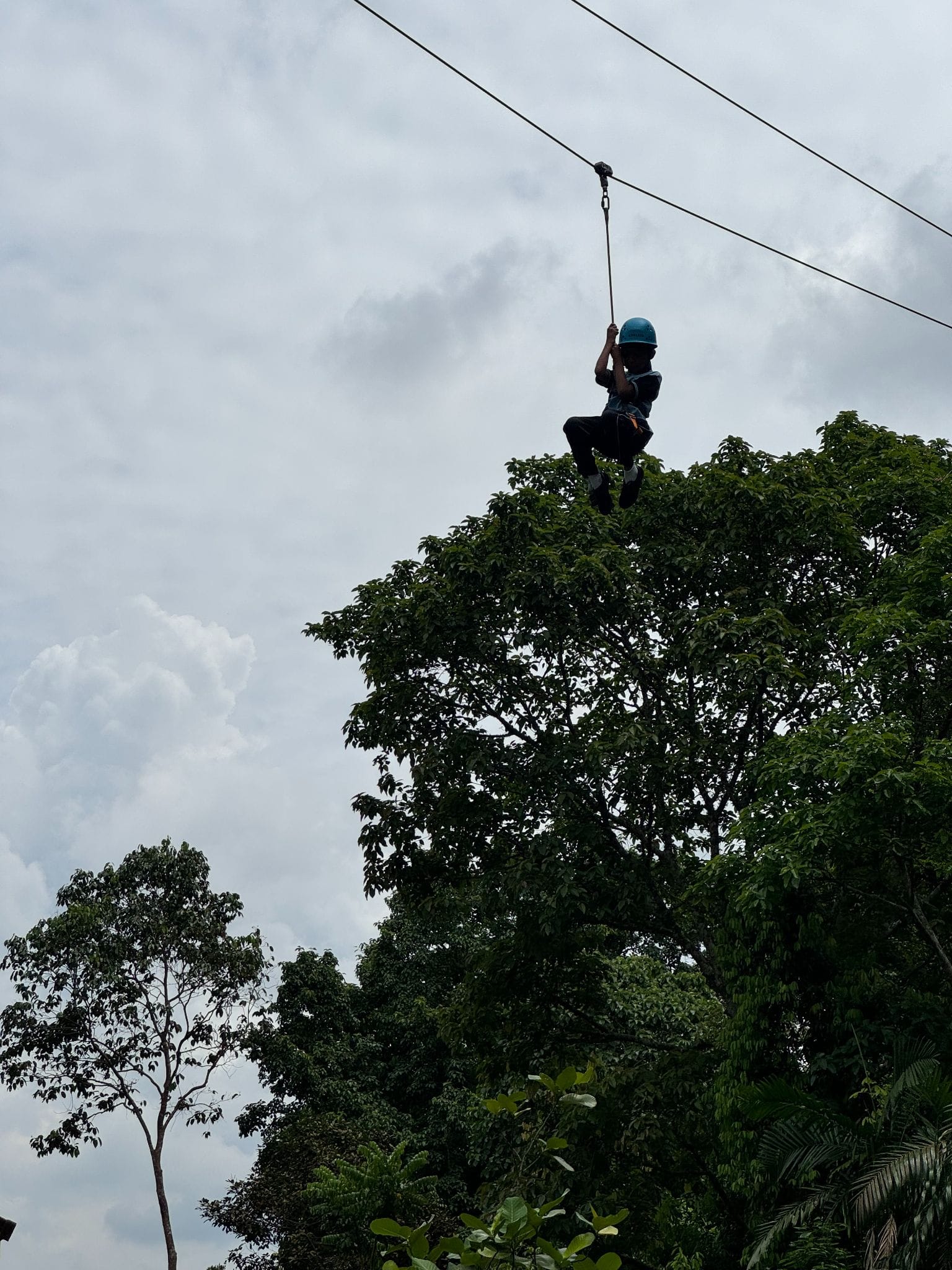 Person wearing a blue helmet hanging from a zipline cable high above green trees under a cloudy sky.