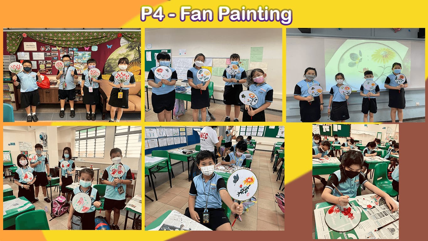 Primary 4 students in school uniforms and masks display hand-painted round fans with floral designs in a classroom.
