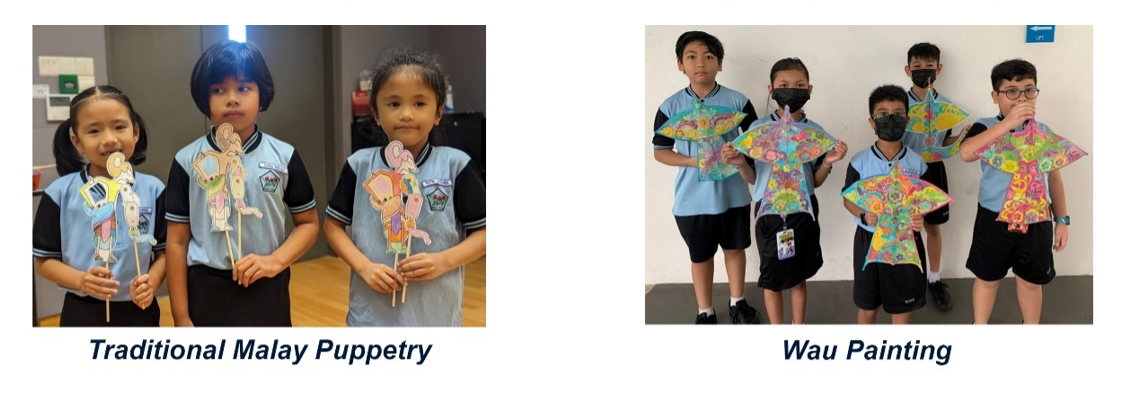 Three children hold stick puppets; five children display colorful painted wau kites, all in blue school uniforms.
