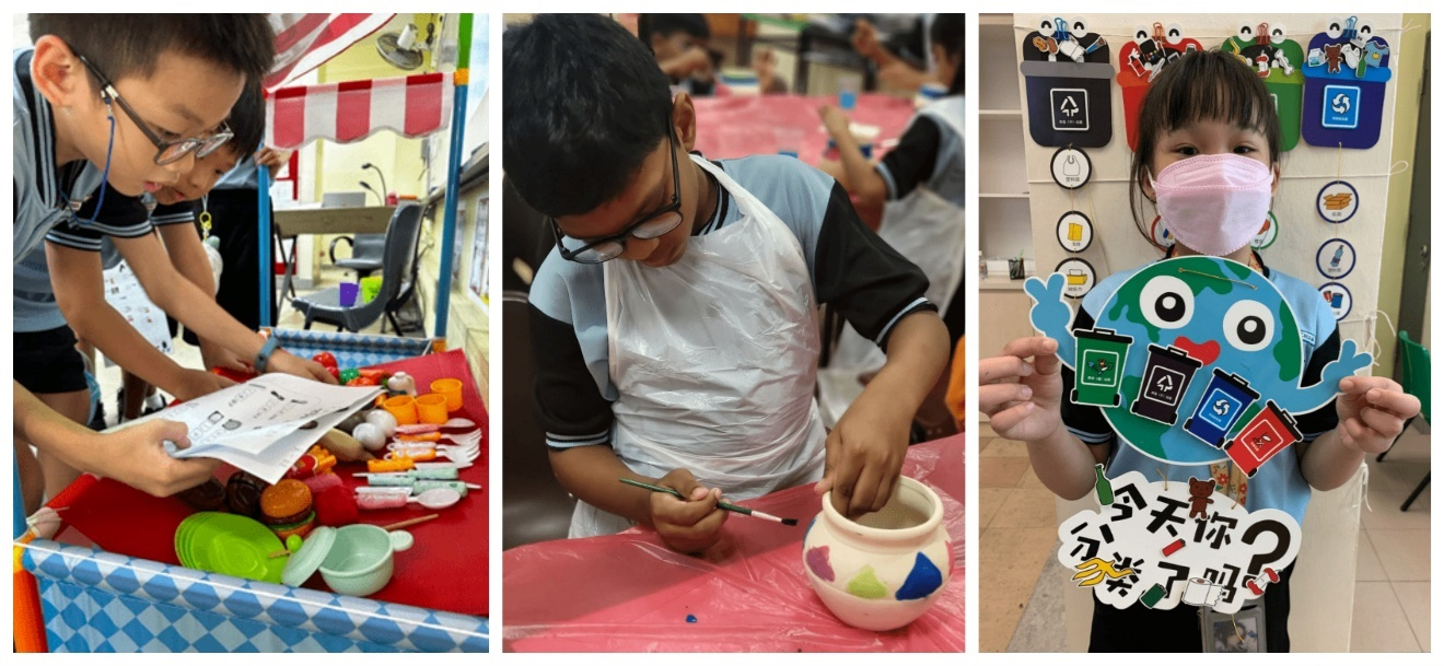 Three children in school activities: writing at a table, painting a ceramic pot, and holding a recycling-themed cutout.