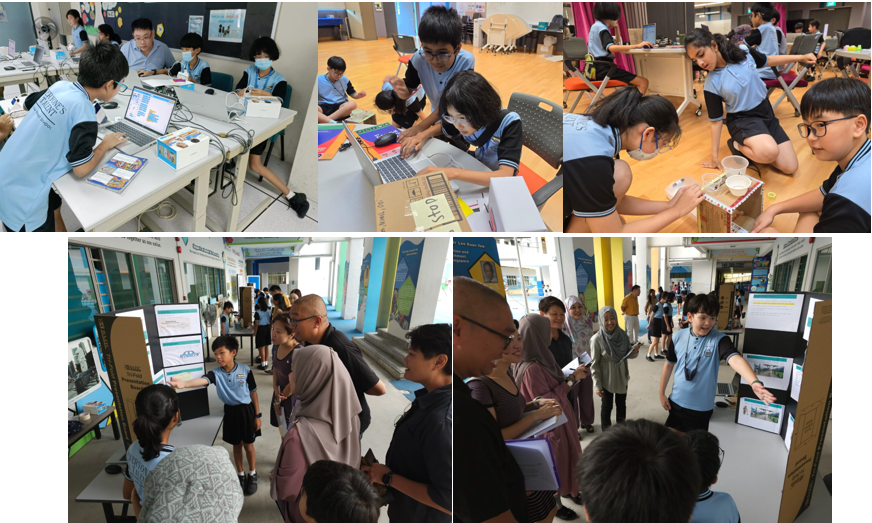Students in light blue uniforms work on laptops and hands-on projects, then present their work at display boards.
