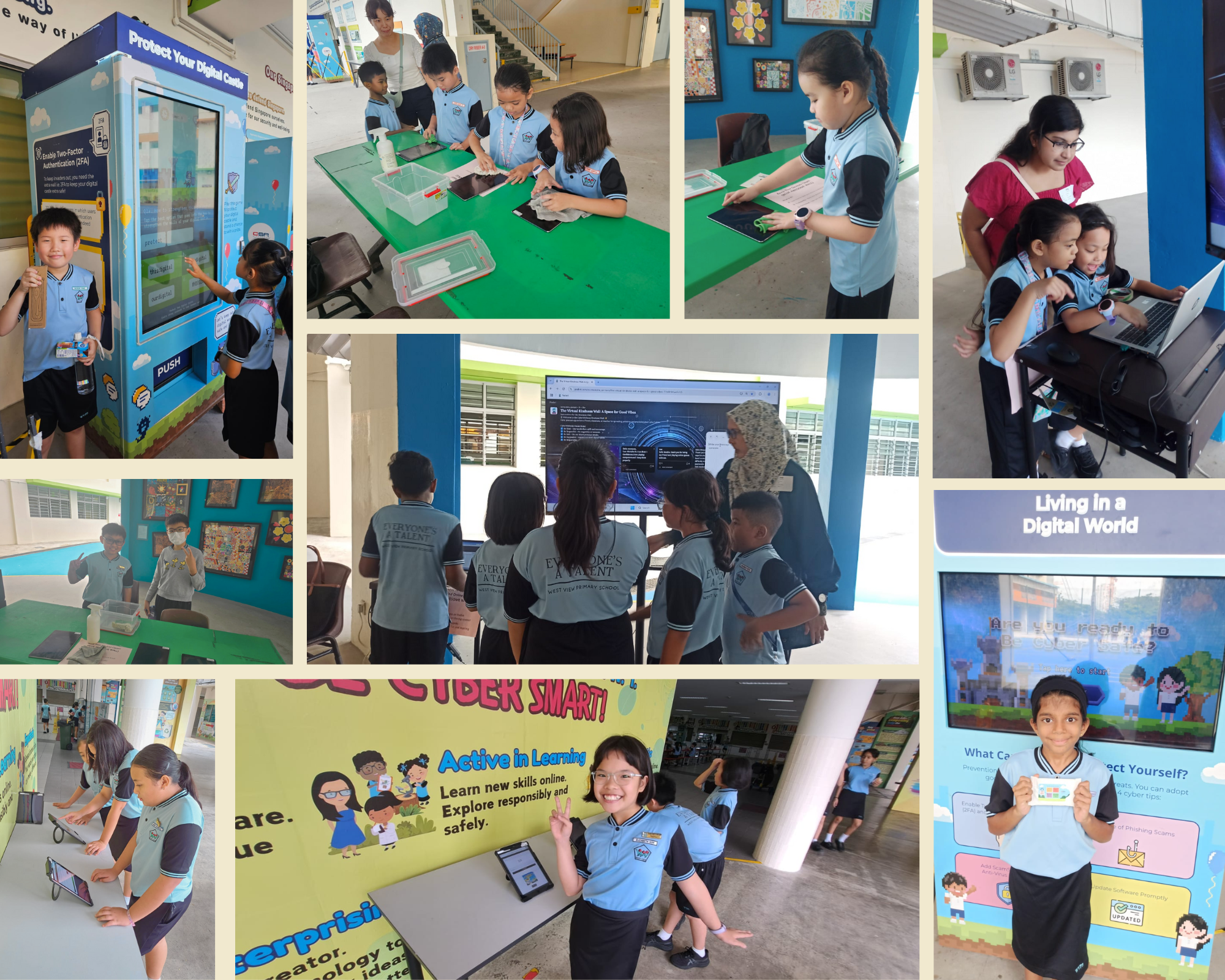 Collage of schoolchildren in uniforms using tablets, a kiosk, and a laptop with a teacher guiding them.