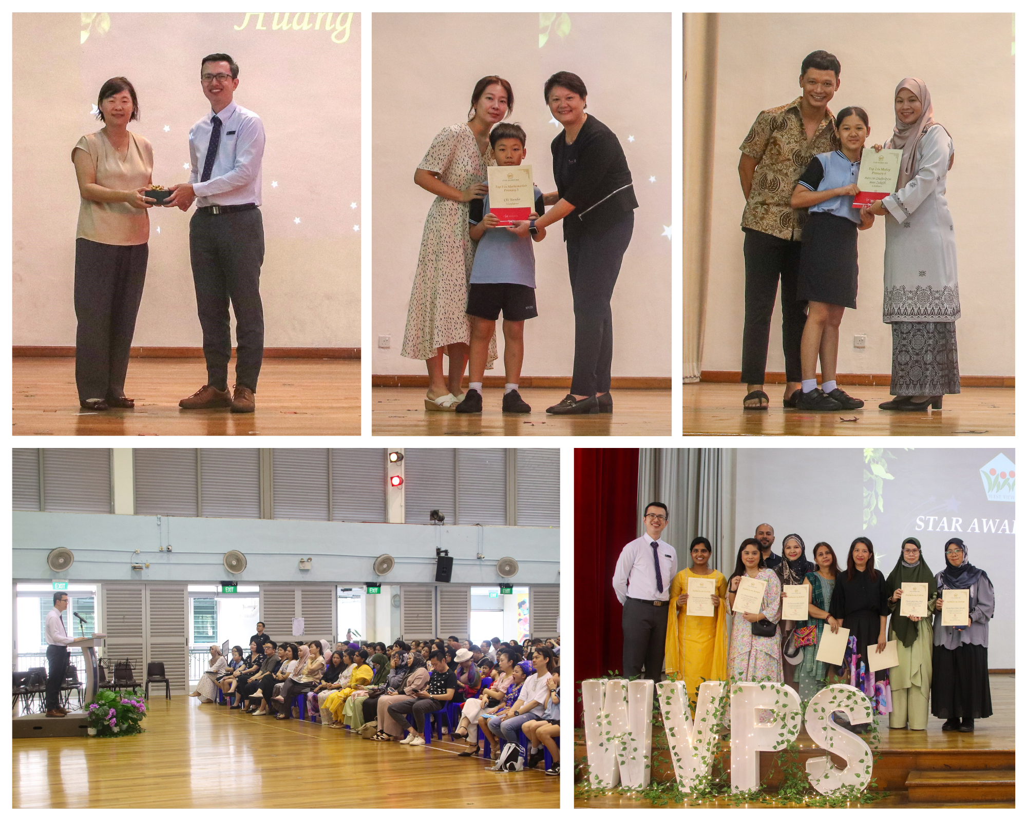 Collage of school awards: students and adults on stage receiving certificates, plus seated audience and group photo.