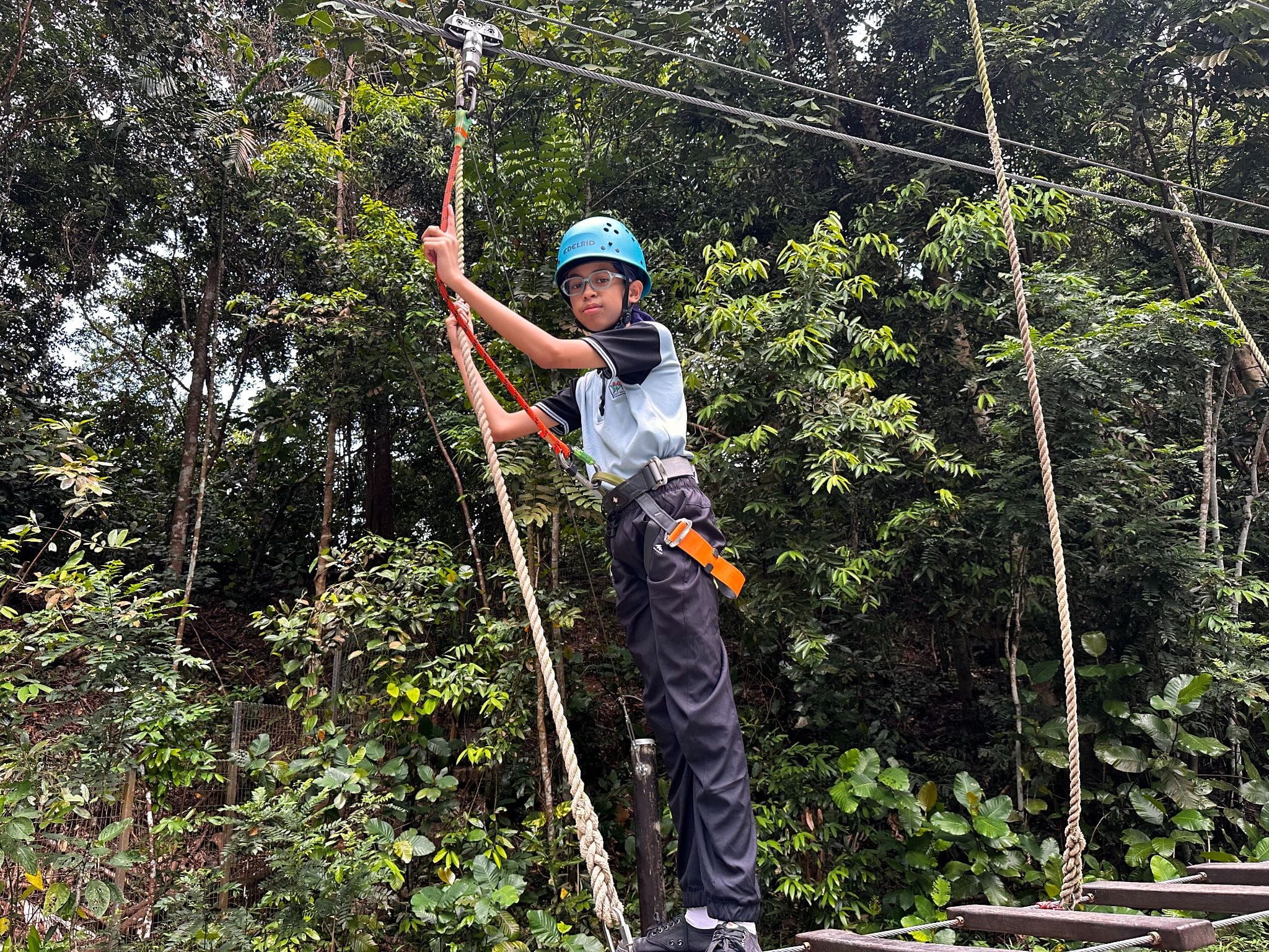 Child wearing a blue helmet and harness holds a rope on a high ropes course surrounded by dense green trees.
