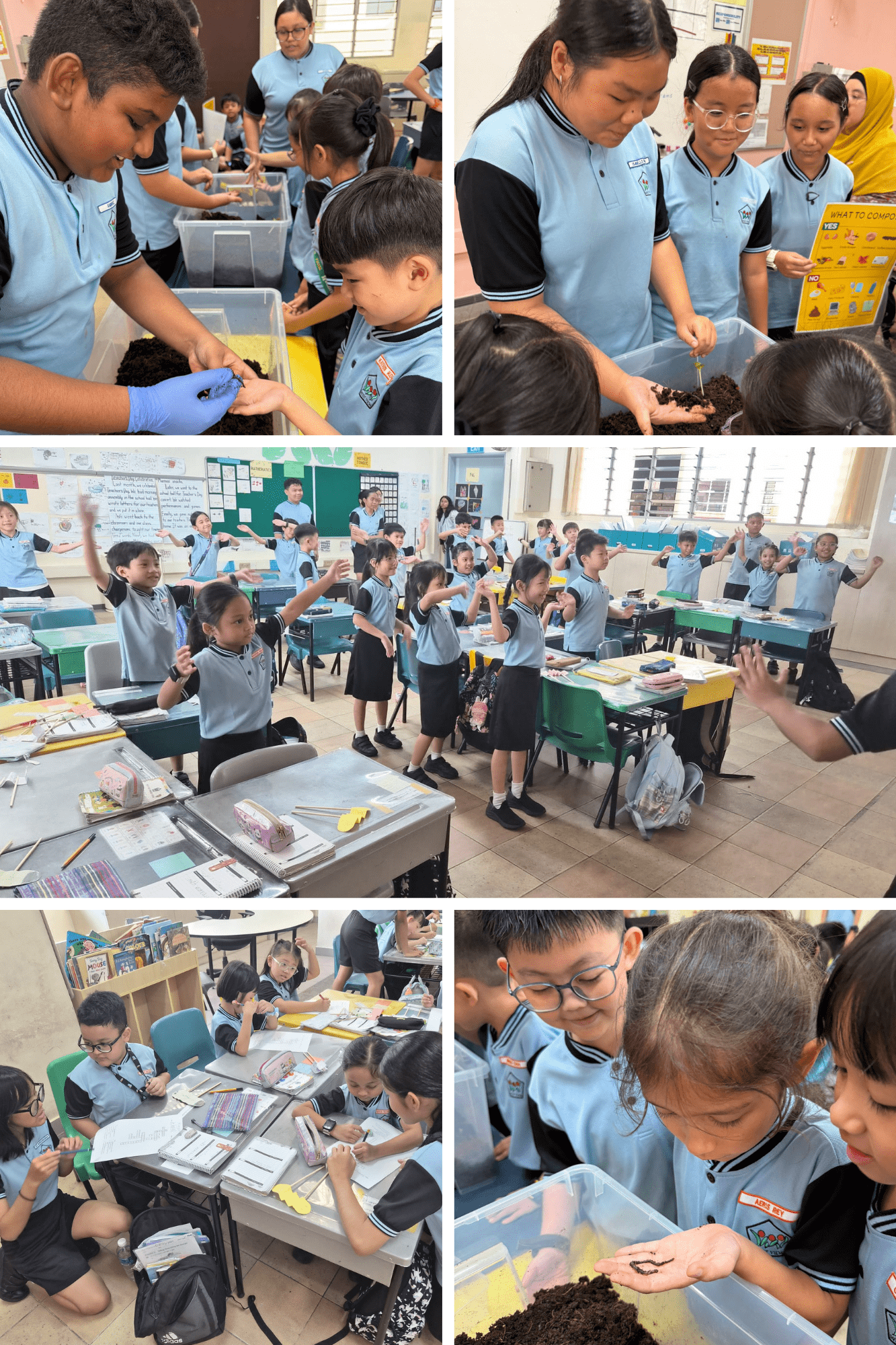 Students in blue uniforms engage in a classroom composting lesson, handling soil, worms, and worksheets.
