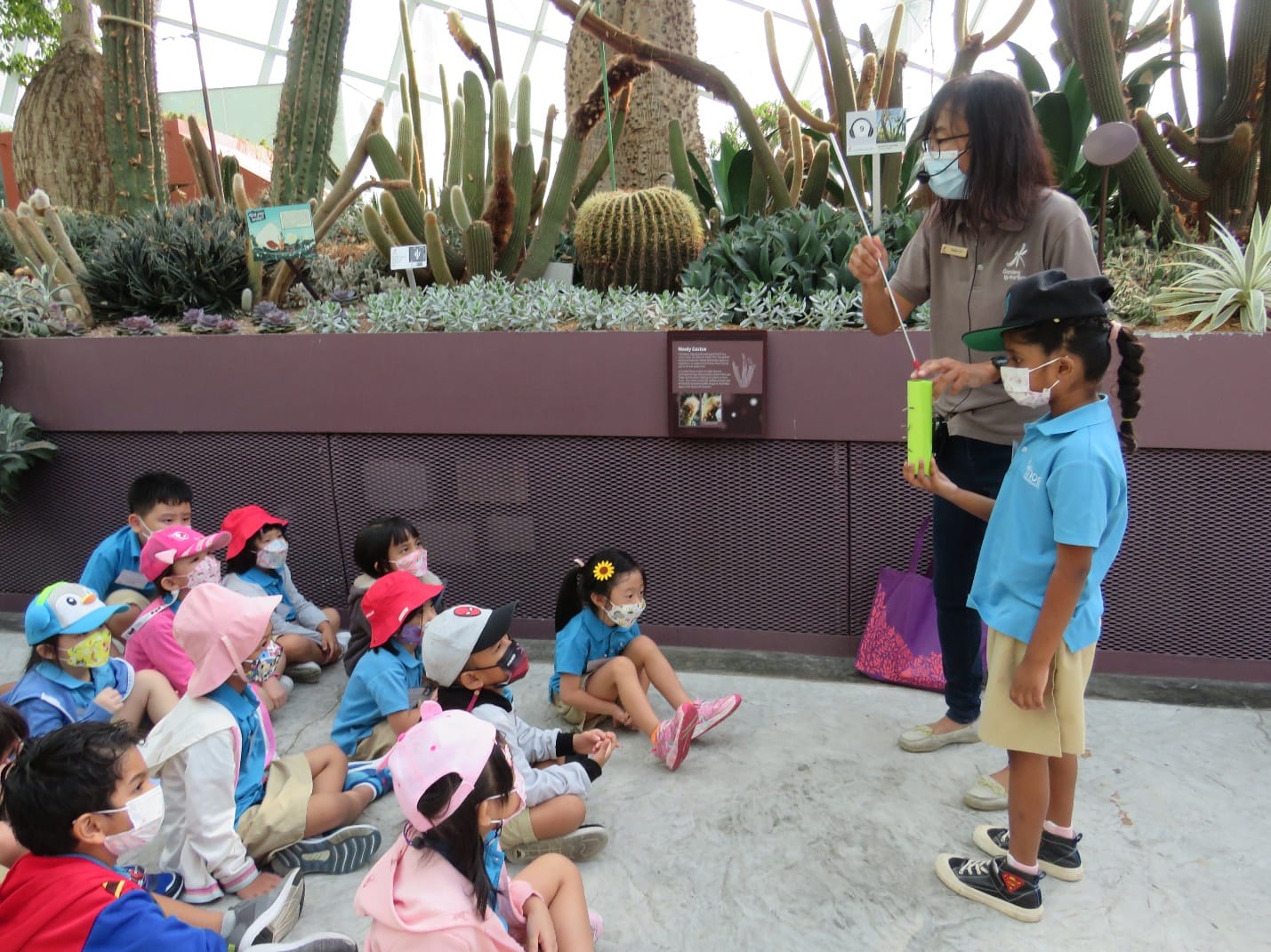 A masked guide teaches young masked children seated on the ground in a cactus garden exhibit.