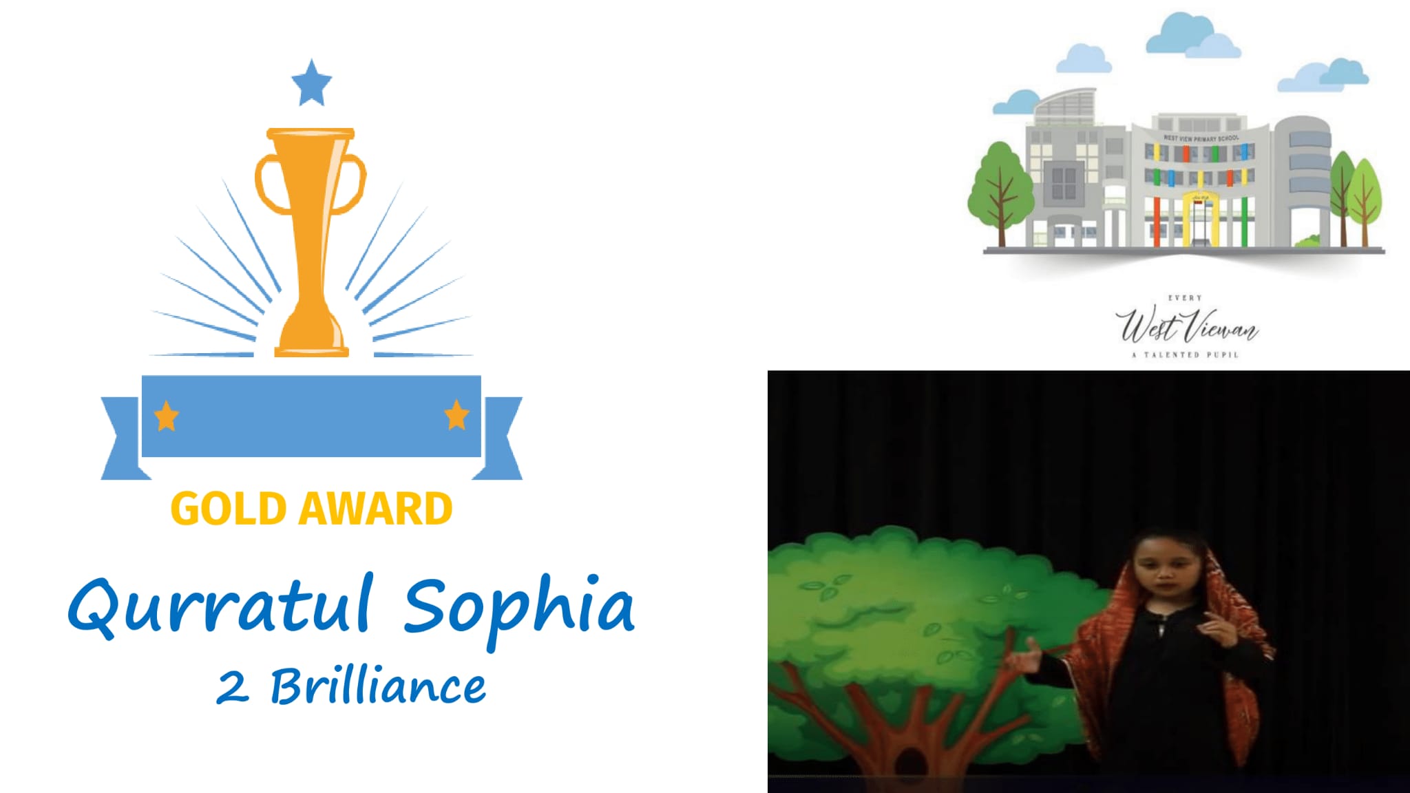 Gold Award certificate for Qurratul Sophia of 2 Brilliance, with a trophy icon and a photo of a girl performing on stage.