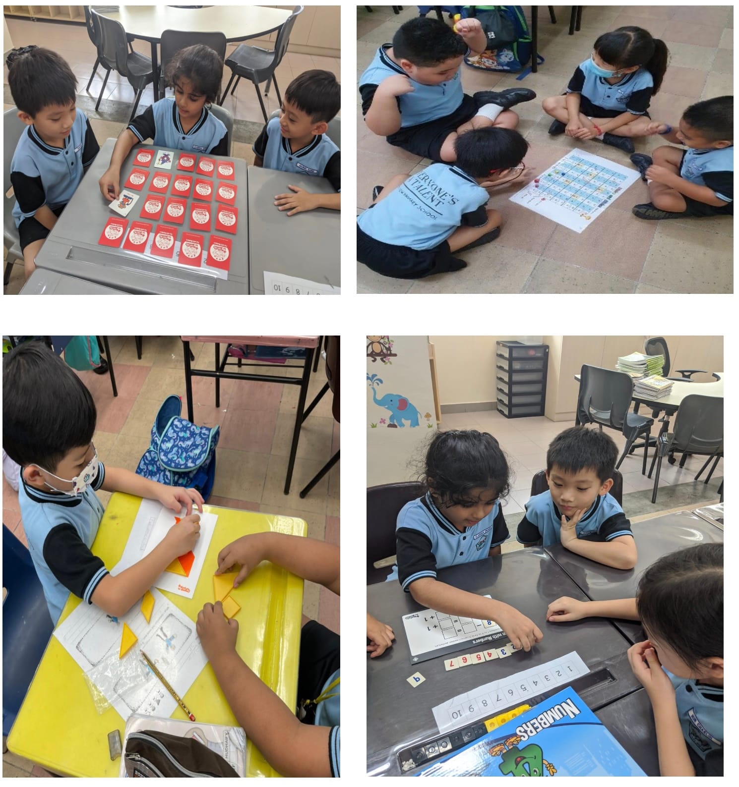 Four photos of young students in blue uniforms doing math activities with cards, boards, shapes, and number tools.