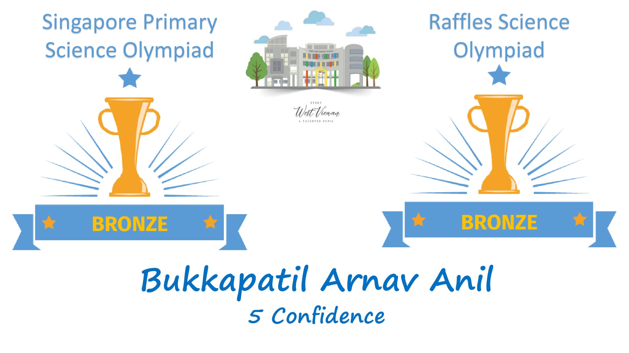 Two bronze trophies for Bukkapatil Arnav Anil in Singapore Primary and Raffles Science Olympiads, class 5 Confidence.