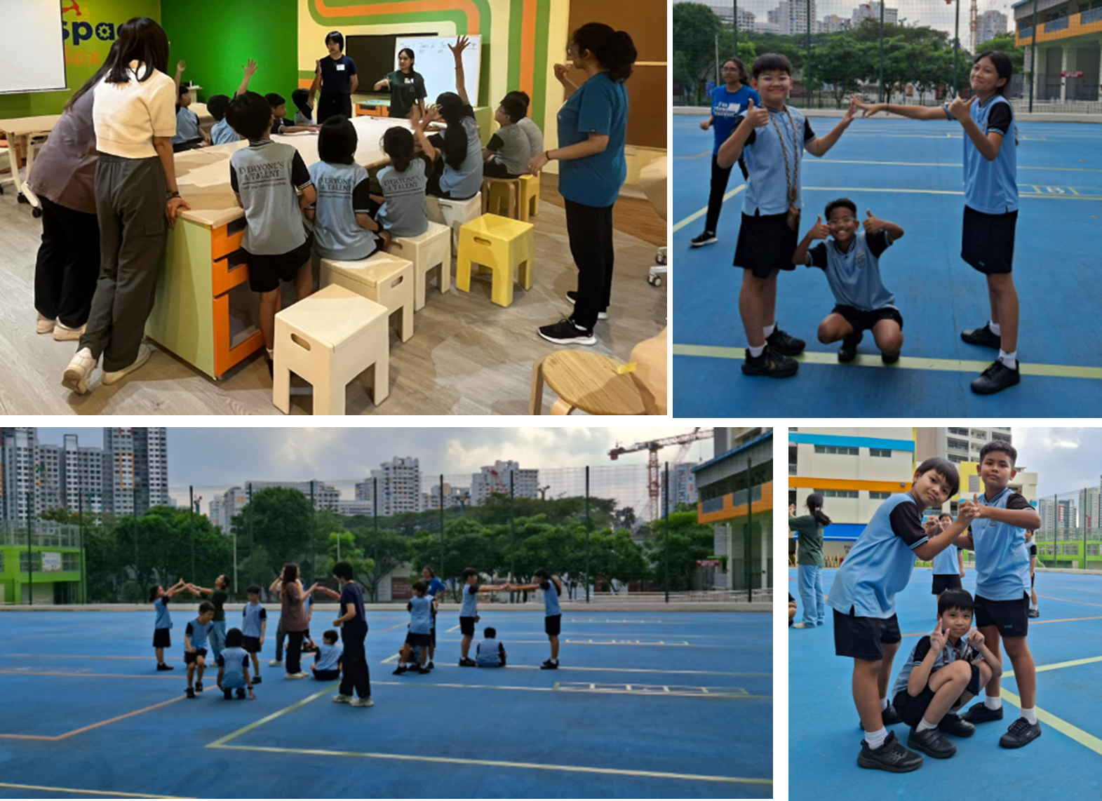 Collage of kids in blue uniforms: classroom activity and outdoor court games, posing and raising hands.
