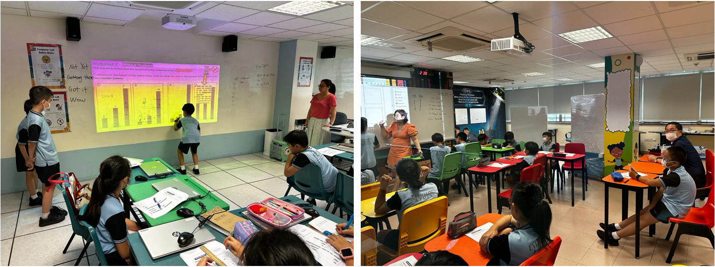Two classroom scenes show teachers instructing young students seated at desks, with projected screens at the front.