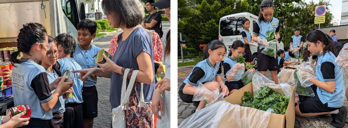 Students in blue uniforms distribute canned goods and fresh vegetables from cardboard boxes outdoors.