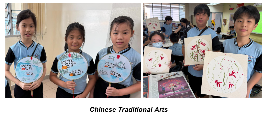 Students in blue uniforms display hand-painted Chinese traditional art fans and canvas paintings with floral and animal designs.
