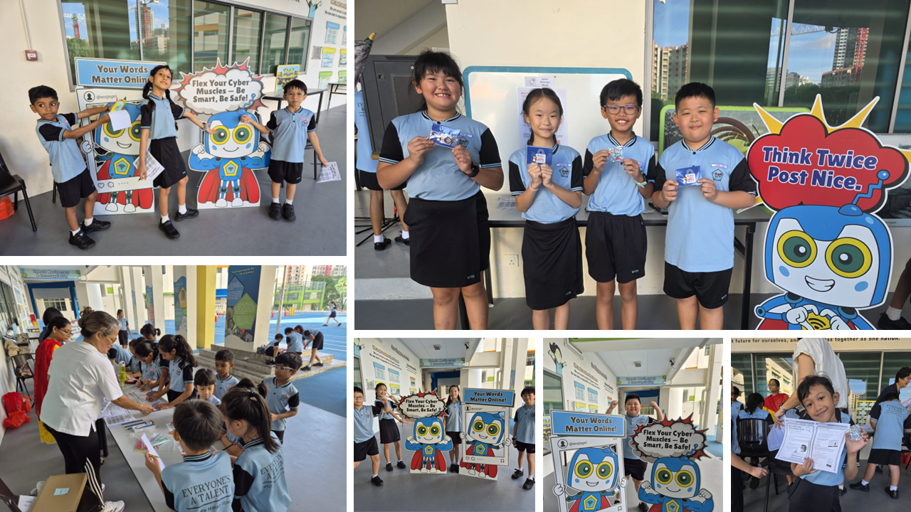 Students in blue uniforms pose with cyber safety mascot signs reading "Think Twice Post Nice" and "Your Words Matter Online."