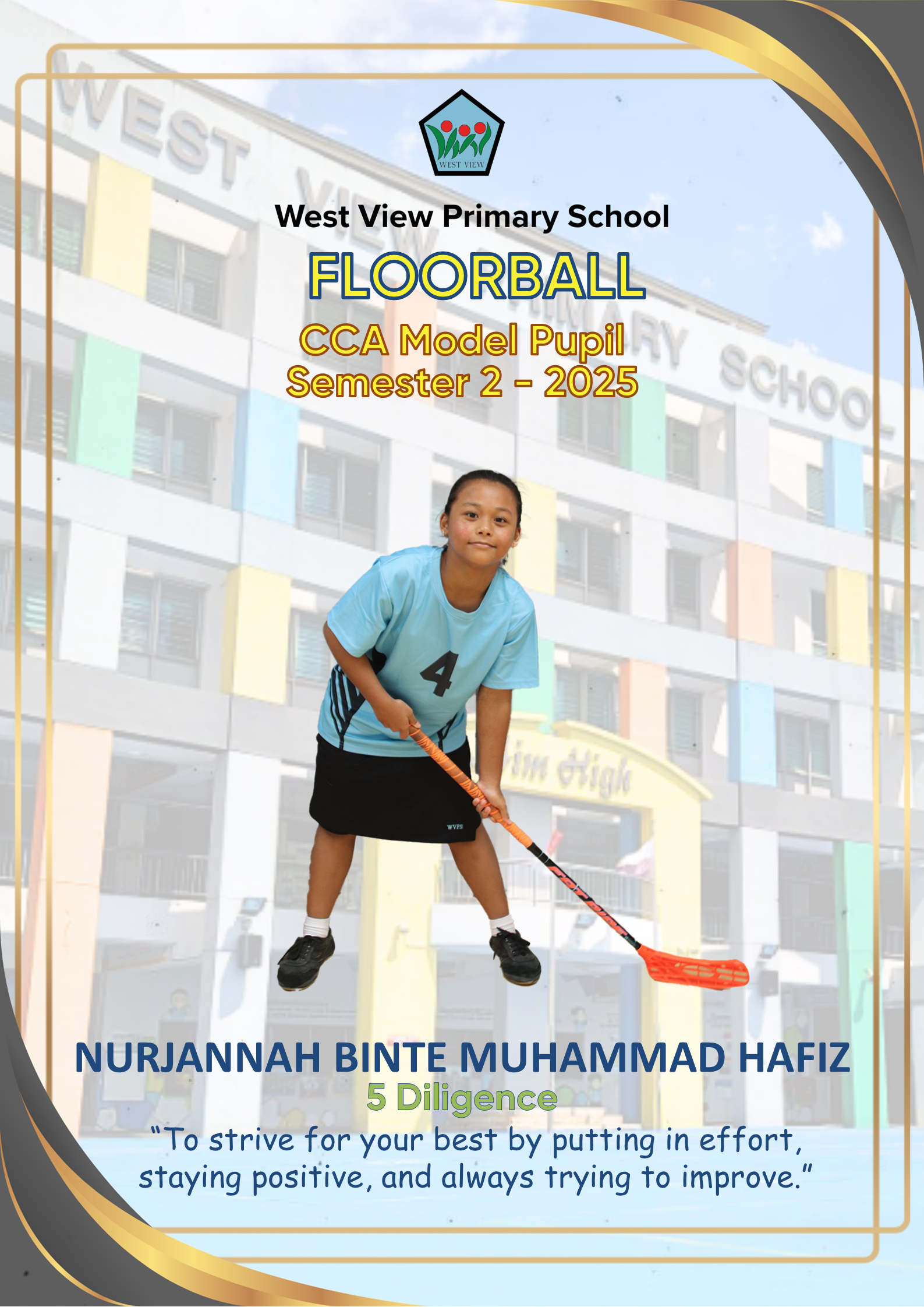 West View Primary School Floorball CCA Model Pupil award card featuring a young girl holding a floorball stick.