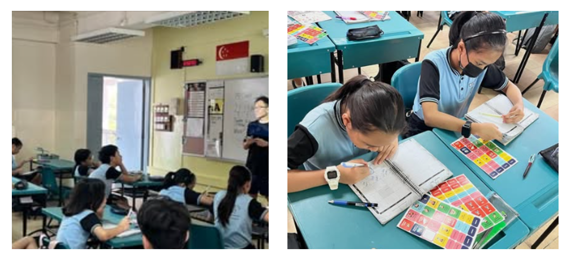 Two classroom scenes: students in blue uniforms listen to a teacher, and two girls write in notebooks at teal desks.