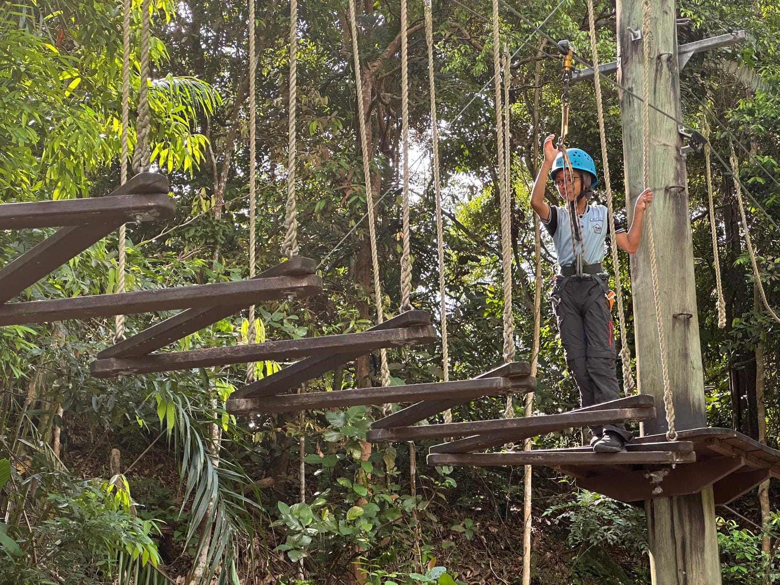A child wearing a blue helmet stands on a wooden elevated ropes course platform surrounded by trees.