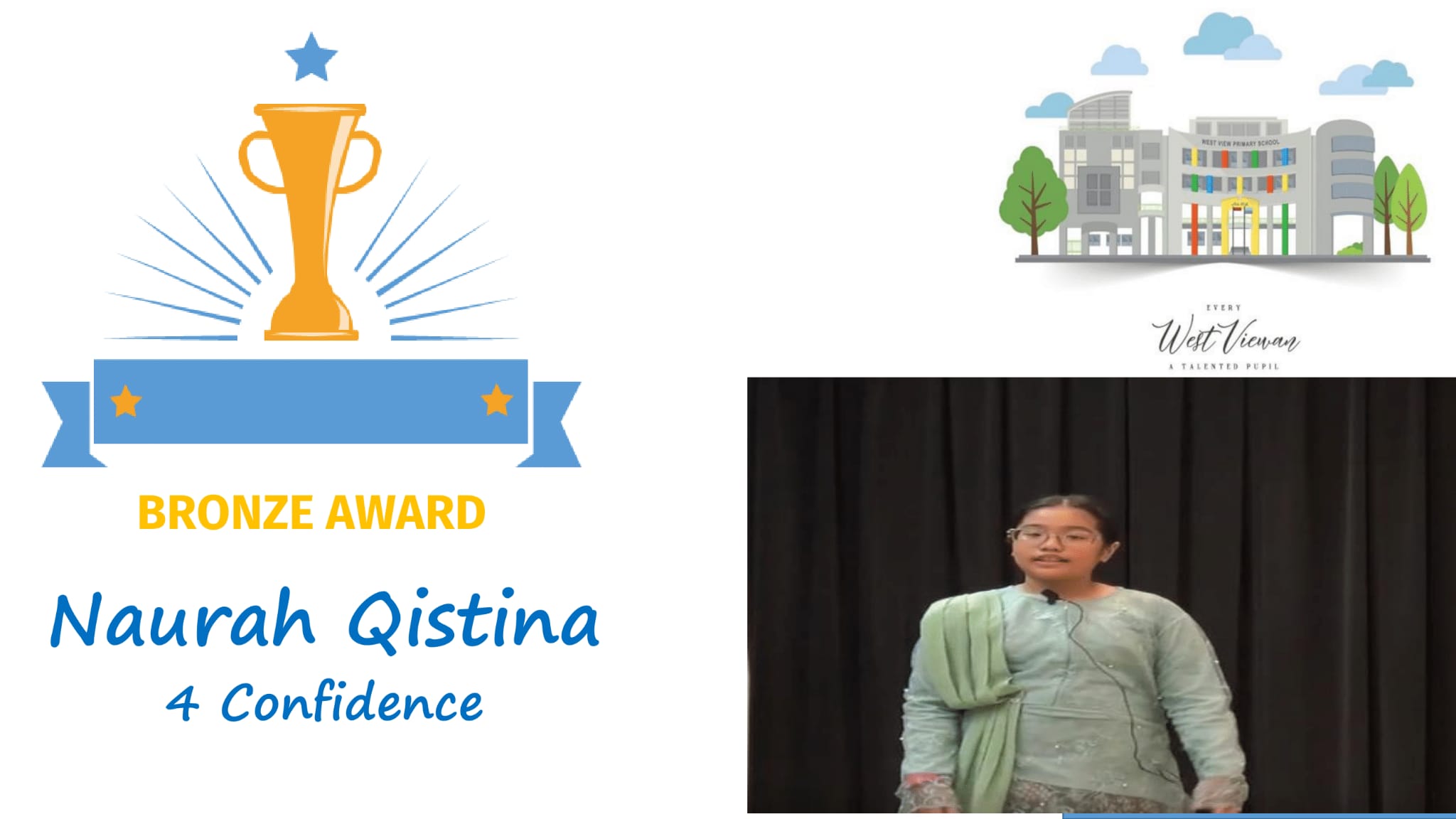 Bronze Award slide for Naurah Qistina of 4 Confidence, with a trophy icon and a girl in light green outfit on stage.