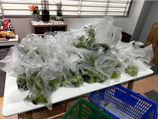 A white table piled with green vegetables in clear plastic bags, with blue and green baskets nearby.