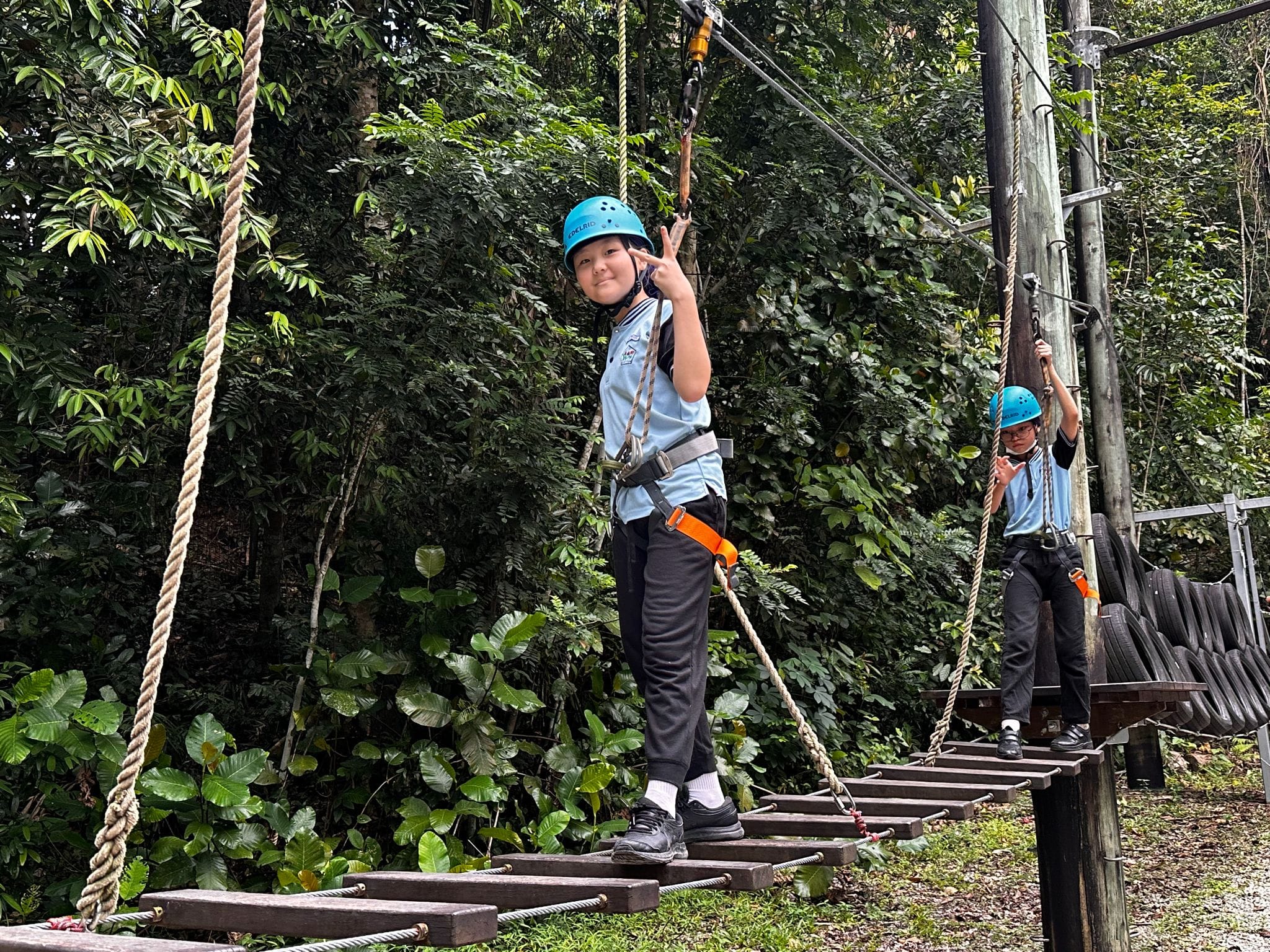 Two children in blue helmets and harnesses walk a rope bridge course surrounded by green trees.