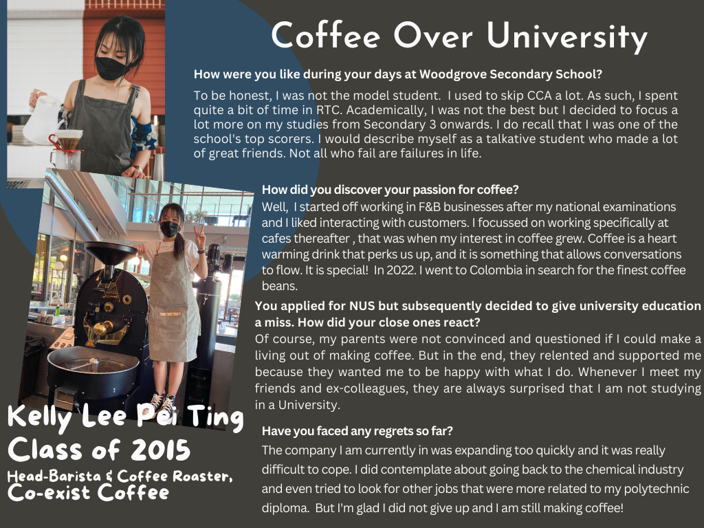 A masked woman barista pours coffee and poses by a roaster, beside a profile interview titled Coffee Over University.