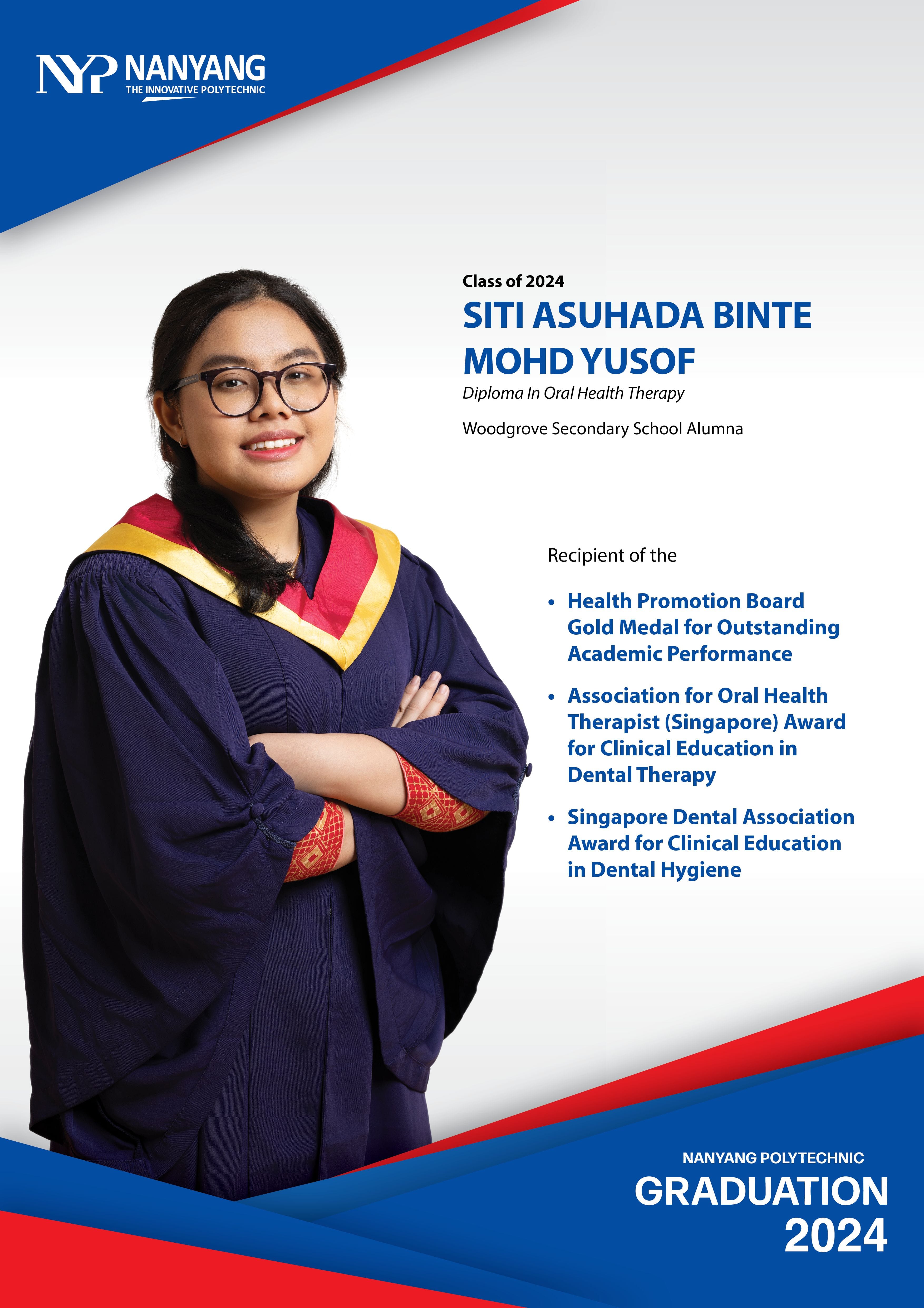 Smiling female graduate in navy gown with arms crossed, featured on Nanyang Polytechnic Class of 2024 graduation poster.