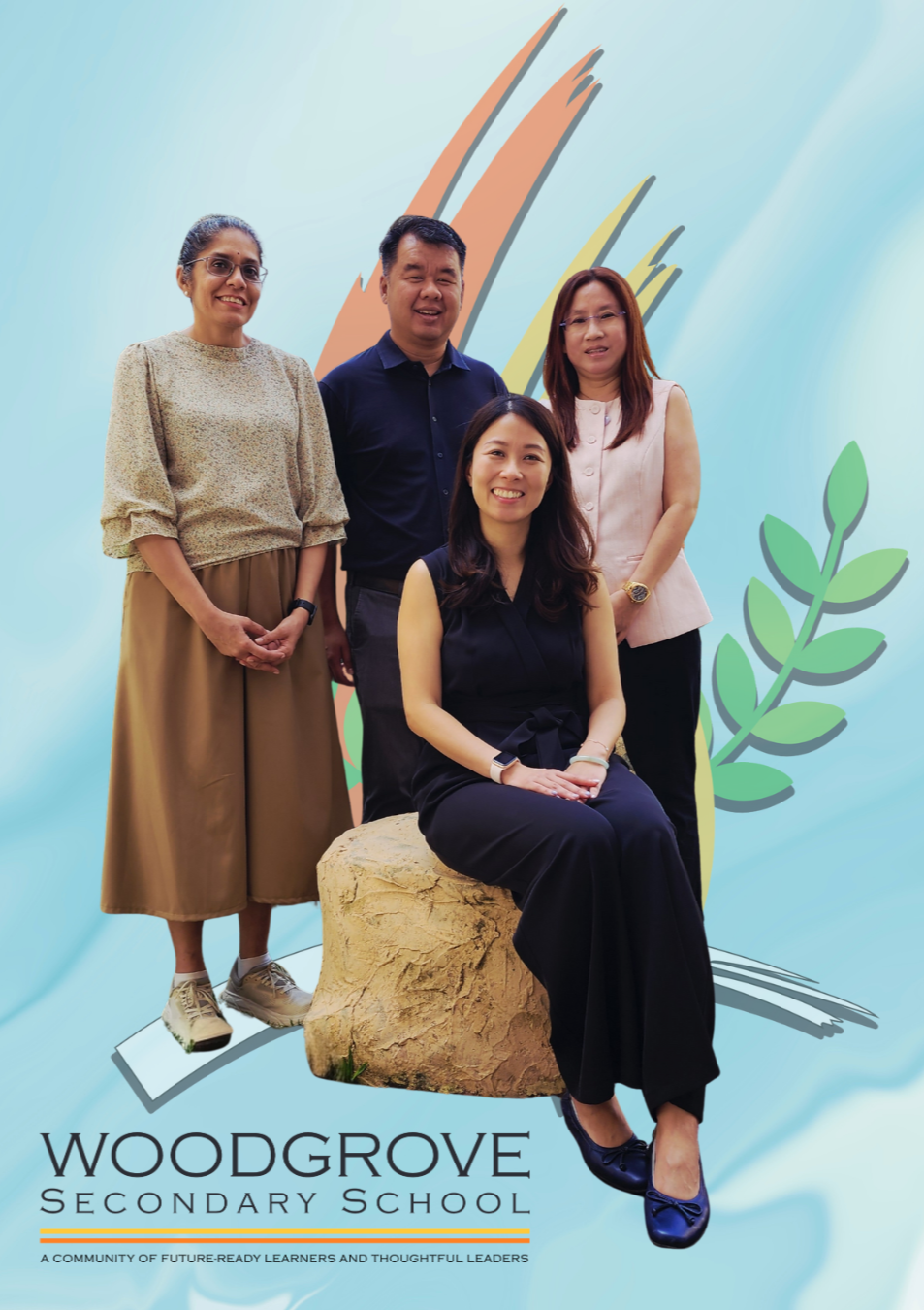 Four smiling adults pose for a Woodgrove Secondary School promotional poster with a light blue illustrated background.