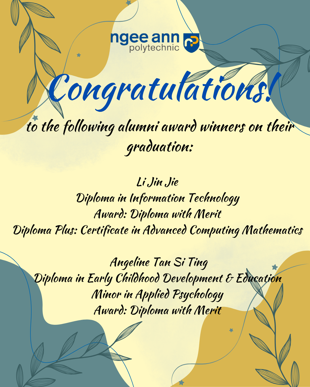Ngee Ann Polytechnic congratulations poster listing two alumni award winners with their diplomas and merit awards.