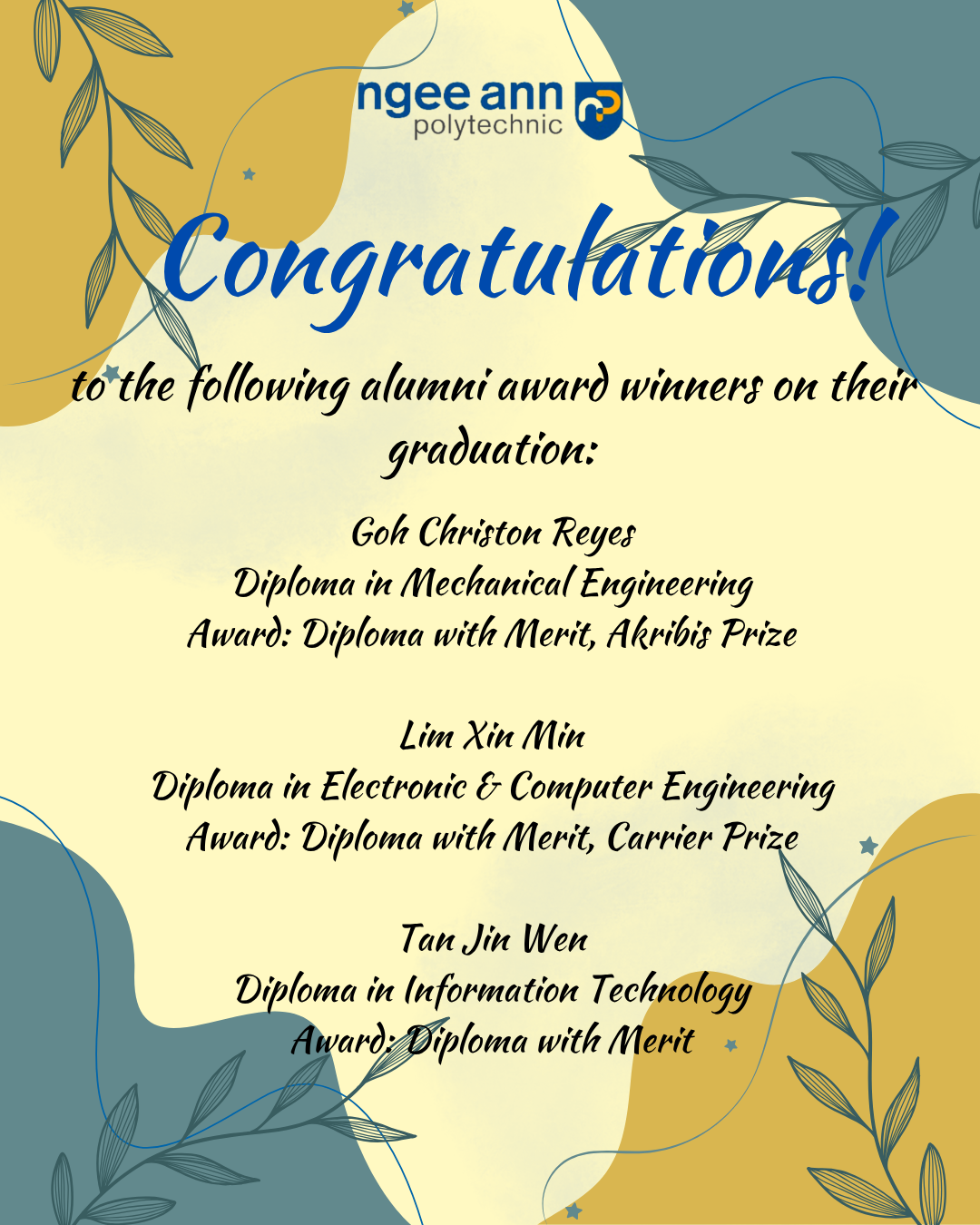 Ngee Ann Polytechnic congratulations card listing three alumni award winners and their diplomas with merit.